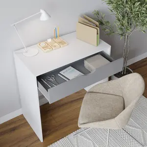 URBNLIVING Height 75cm Wooden White 1 Drawer Dressing Table with Grey Drawers Bedroom Vanity and Computer Work Desk