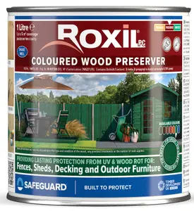 Roxil Wood Stain Preserver (1L Fir Green) - 5 Year Protection for Indoor & Outdoor Wood. No VOCs, Fast-Drying. 5 m Coverage