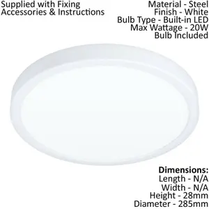 Wall Flush Ceiling Light Colour White Shade White Plastic Bulb LED 20W Included