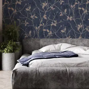 Boutique Belle Navy/Copper Leaves Wallpaper