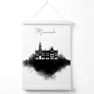 Munich Watercolour Skyline City Poster with Hanger / 33cm / White