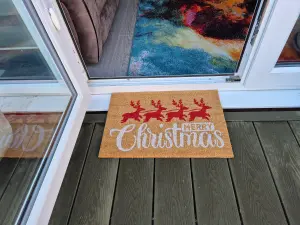 Natural Coir 60cm x 40cm heavy duty doormats with rubber base with humorous message (santa + reindeer)