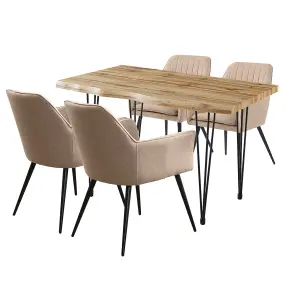 Hallowood Furniture Cullompton Large Dining Table 120cm, Live Edge Effect Top,  with 4 Light Brown Fabric Arm Chairs