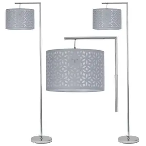 First Choice Lighting Set of 2 Chrome Angled Floor Lamps with Grey Laser Cut Shades