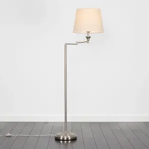 ValueLights Sinatra Adjustable Swing Arm Floor Lamp In Brushed Chrome Finish with Beige Light Shade