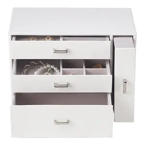 Sleek White Faux Leather Jewellery Box with Transparent Display Window and Necklace Drawer