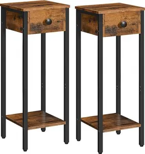 HOOBRO Slim Bedside Table, Set Of 2, Tall Bedside Table With Drawer, Metal Frame, Small Side Table, Telephone Table For Small Spaces, Narrow