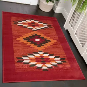 Red Terracotta Tribal Geometric Living Room Rug 280x365cm