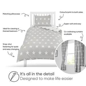 Bloomsbury Mill - Grey and White Stars Kids Reversible Single Bed Duvet Cover and Pillowcase Set - Single - 135 x 200cm