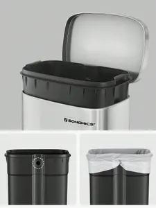 SONGMICS Kitchen Bin 30L, Pedal Bin, Rubbish Bin With Soft-Close Lid And Inner Bucket, Steel, White