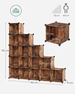 SONGMICS 16-Cube Storage Unit, Shoe Rack, DIY Shelving System, Stackable Cubes, PP Plastic Shelf, Closet Divider, Rustic Brown