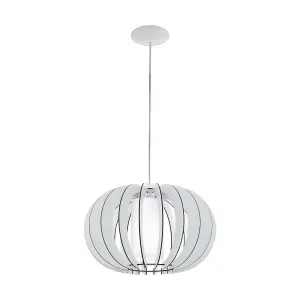 Pendant Ceiling Light Colour White Steel Shade White Wood Glass E27 1x60W