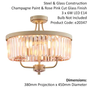 Round Champagne Finished Semi Flush Ceiling Light Rose Pink Cut Glass Detailing