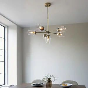 Luminosa Livorno Multi Arm Pendant Ceiling Light Antique Brass Plate, Clear Glass