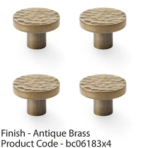 4 PACK - Slim Hammered Door Knob - Antique Brass 38mm Round Cupboard Cabinet Pull Handle