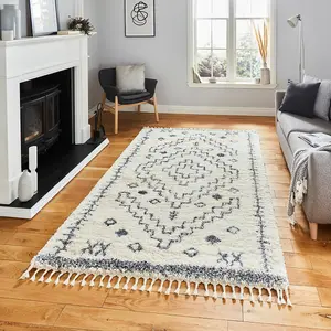 Ivory Grey Shaggy Kilim Modern Moroccan Easy to Clean Geometric Rug For Dining Room -80cm X 150cm