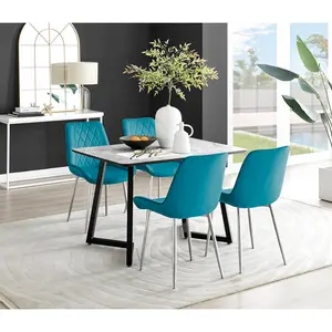 Industrial Design Grey & White Marble Effect Melamine Dining Table Set with 4 Luxury Velvet Chairs Blue/Silver