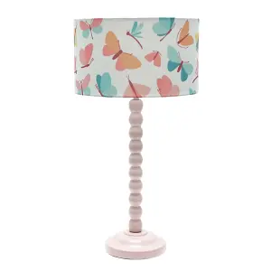 Rose Pink Bobbin Stem Table Lamp with Butterfly Drum Shade for Living Room Bedroom - LED Bulb Included