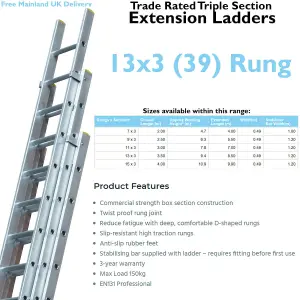 39 Rung Aluminium TRIPLE Section Extension Ladders & Stabiliser Feet 3.5m 8.5m