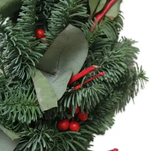 Real Christmas Wreath with Fresh Eucalyptus and Red Berries - 30cm/12" - Noble Fir Wreath For Indoor/Outdoor Christmas Decoration