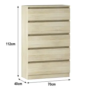 SunDaze Chest of Drawers Storage Bedroom Furniture Cabinet 5 Drawer Oak 70x40x112cm