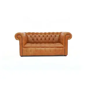 Chesterfield 2 Seater Buttoned Seat Sofa Old English Tan Real Leather In Classic Style