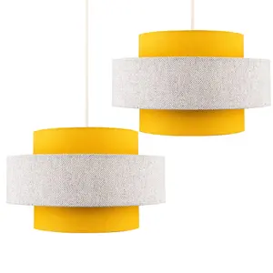 ValueLights Weaver Pair of Modern Ceiling Pendant Light Shades In Mustard and Grey Herringbone Finish