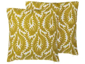 Set of 2 Cushions PRIMULA Cotton 45 x 45 cm Ikat Embroidery Mustard