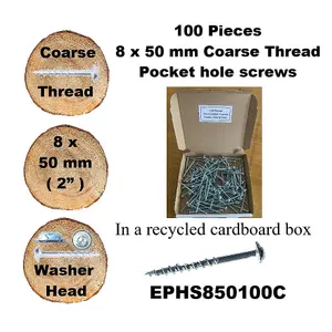 Pocket Hole Screws for Softwoods, 50mm Long, Pack of 100, Coarse Self-Cutting Threaded Square Drive, EPHS850100C, EPH Woodworking