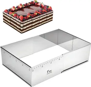 Guowall Adjustable Cake Tin, Rectangular Baking Frame, Stainless Steel Cake Mold, 25-46 cm X 19-36 Cm, 10 cm High, Large, Tall Adjustable Baking Tin