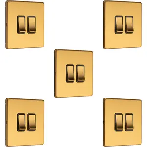 5 PACK 2 Gang Double Light Switch SCREWLESS SATIN BRASS 2 Way 10A Slim Rocker