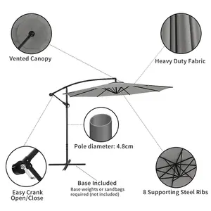 3M Large Rotatable Garden Sun Shade Cantilever Parasol Patio Hanging Banana Umbrella Crank Tilt with Cross Base, Light Grey