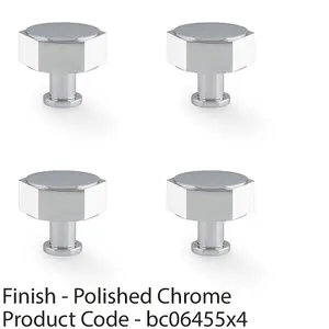 4 PACK - Industrial Hex Cabinet Door Knob - 40mm Polished Chrome Cupboard Pull Handle