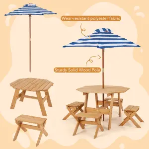 Costway Wooden Octagon Table Set Kids Picnic Table & 4 Chairs w/ Umbrella