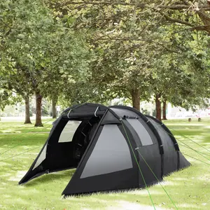 Outsunny 3-4 Persons Tunnel Tent, Two Room Camping Tent w/ Windows, Black