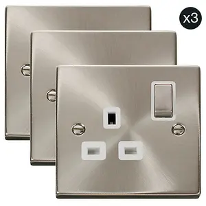 3 PACK - Satin / Brushed Chrome 1 Gang 13A DP Ingot Switched Plug Socket - White Trim - SE Home