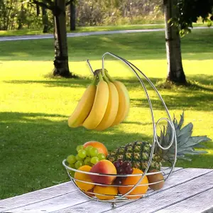 2 in 1 Kitchen Storage Fruit Bowl & Banana Hanger Chrome Metal Finish Modern