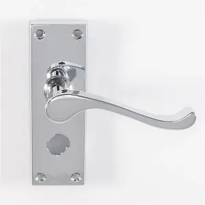 Victorian Scroll Bathroom Latch Door Handle - Polished Chrome Lever On Backplate