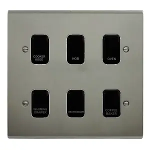 Stainless Steel Customised Kitchen Grid Switch Panel with Black Switches - 6 Gang