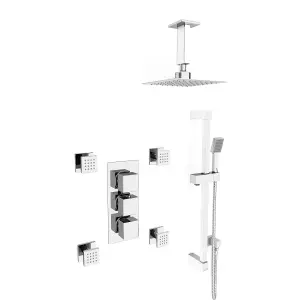 Nes Home Olive Square 3 Way Concealed Thermostatic Shower Mixer Valve, Shower Head, Handset, Slider Rail, 4x Body Jets Set