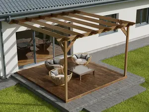 Wall mounted pergola and decking complete diy kit, Dinasty design (3.6m x 3.6m, Rustic brown finish)