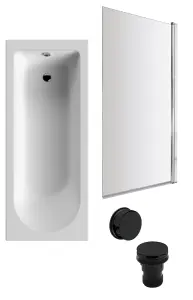 Round Single Ended Bath and Square Chrome Bath Screen, Black Waste - 1700x700mm