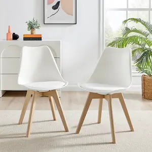 Stolm Bright Moulded Plastic Dining Chair with Wooden Legs and Foam Cushion Seat (Set of 2) White