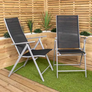 Set of 2 Outdoor Garden Patio Multi Position Reclining Folding Chair in Black and Silver