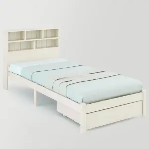 Solid Wood Single Bed Frame with Storage Headboard and Under Bed Drawer, 3FT Single (90 x 190 cm)