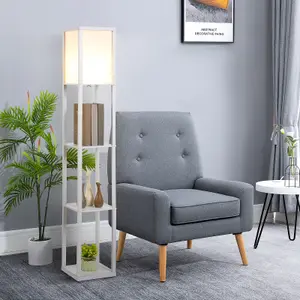 HOMCOM Floor Lamp Reading Lamp with 3-Tier Storage Shelf for Home Office White