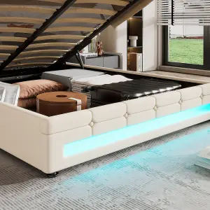 Upholstered bed, Hydraulic Bed, Adults Teenagers Double Bed, with 7colors LED-light strips, Velvet+Iron, 135x190cm,Beige