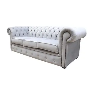 Chesterfield Handmade 3 Seater Sofa Odyssey Silver Velvet Fabric In Classic Style