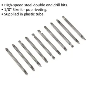 10 Pack Double Ended HSS Drill Bit Set for Precision Pop Riveting - 1/8 Inch