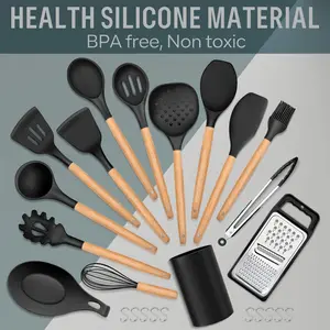 Kitchen Utensils Set,  25 Pieces Soft Silicone Cooking Utensil Set With Holder, Natural Wooden Handle Kitchen Spatula Spoon For Cooking Baking, Non Stick & Heat Resistant, Black Black